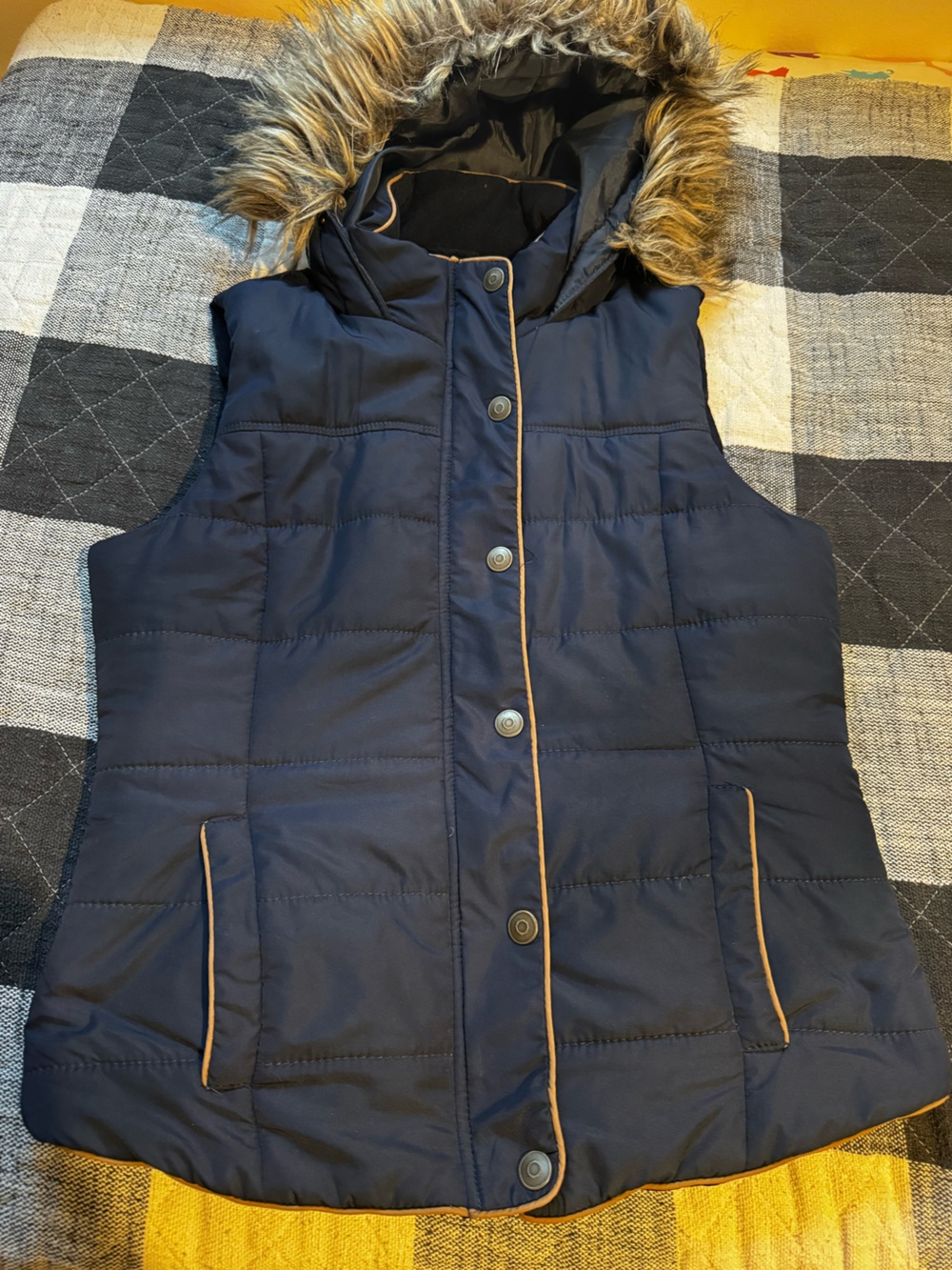 Prince & Fox puffer vest women zip up snap navy blue quilted hooded faux fur